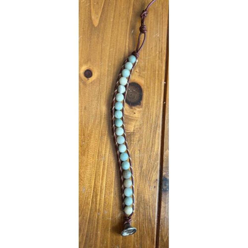 Boho Amazonite Beaded Wrap Bracelet Leather Handwoven Gemstone Jewelry